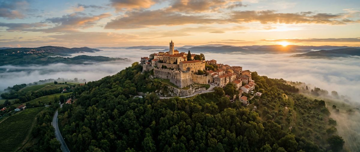 Motovun auf dem Hügel im Morgennebel — das Herz der kroatischen Trüffelregion in Istrien