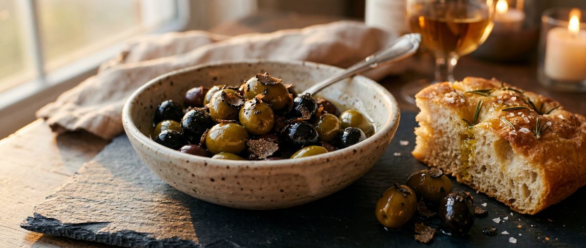 Mediterrane Oliven mit schwarzem Trüffel in Keramikschale — serviert mit Focaccia