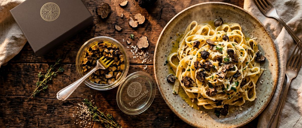 Glas mit geschnittenem schwarzem Sommertrueffel neben frischer Pasta — Trüffel-Delikatesse
