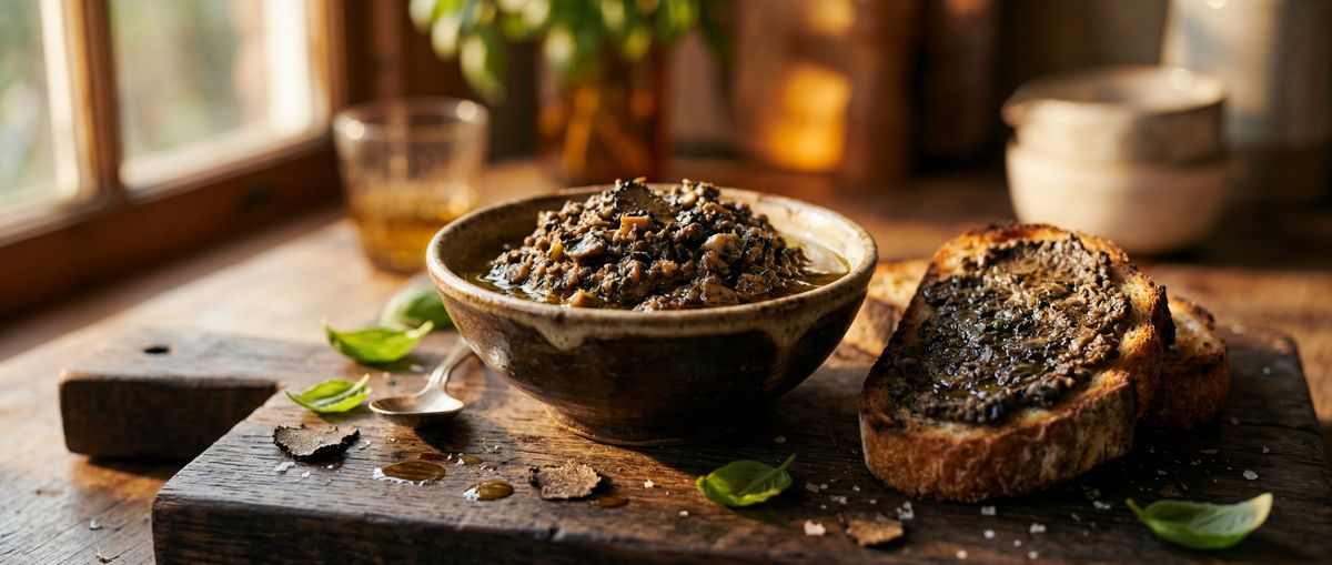 Tartufata-Sauce in rustikaler Schale mit knuspriger Bruschetta — Trüffel-Pilz-Spezialität