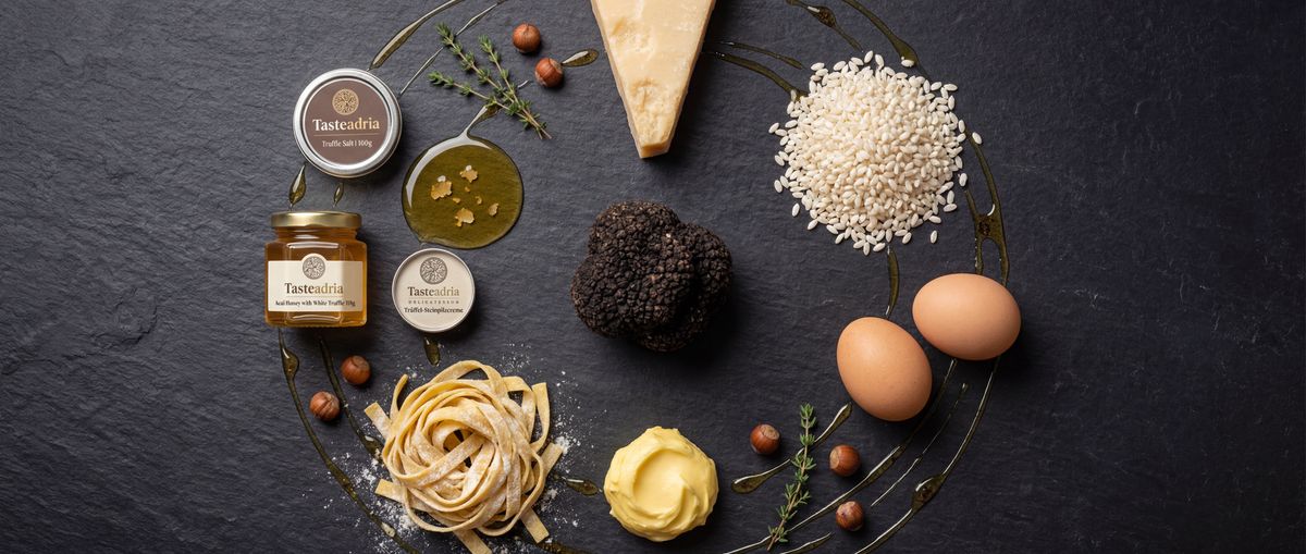 Kreisförmiges Arrangement von Zutaten für Trüffel Food Pairing — perfekte Geschmackskombinationen