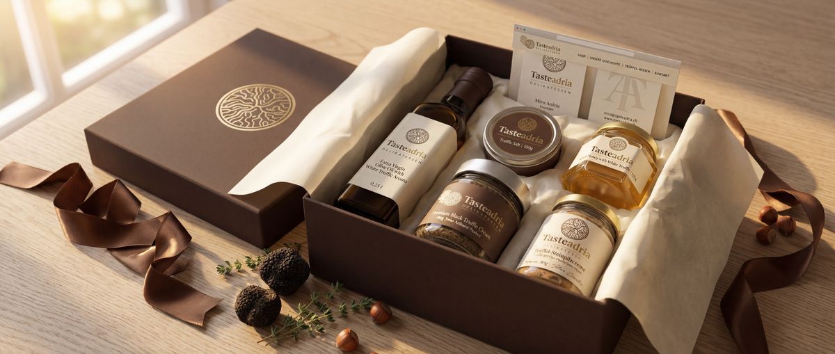 Elegantes Trüffel-Geschenkset in hochwertiger Verpackung — perfektes Geschenk für Feinschmecker