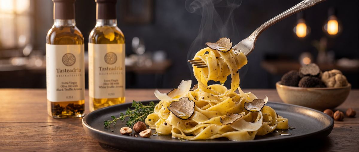 Gabel mit Tagliatelle und frisch gehobeltem Trüffel — beste Trüffel-Pasta-Rezepte