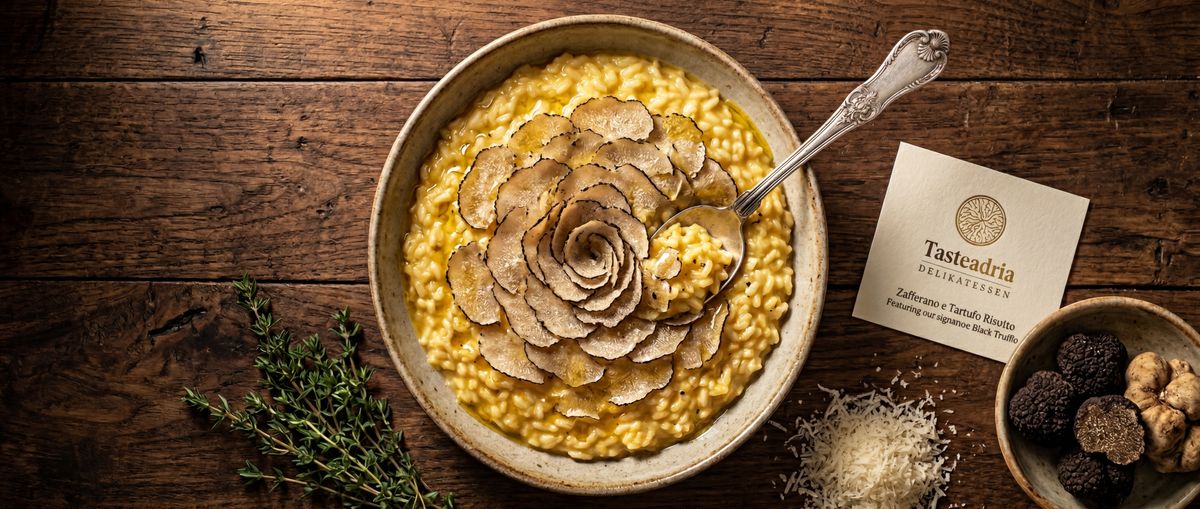 Cremiges Risotto in eleganter Schale mit spiralförmig gehobeltem schwarzem Trüffel
