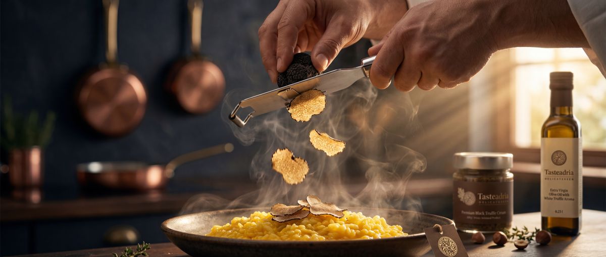 Trüffelhobel in Aktion über cremigem Risotto — Tipps zum Verwenden von Trüffel in der Küche