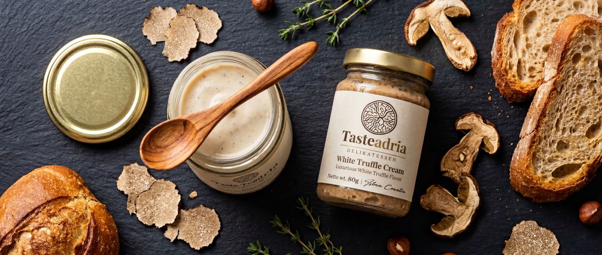 Offene Gläser mit Trüffelcreme aus weissem Trüffel und Steinpilz — serviert mit frischem Brot