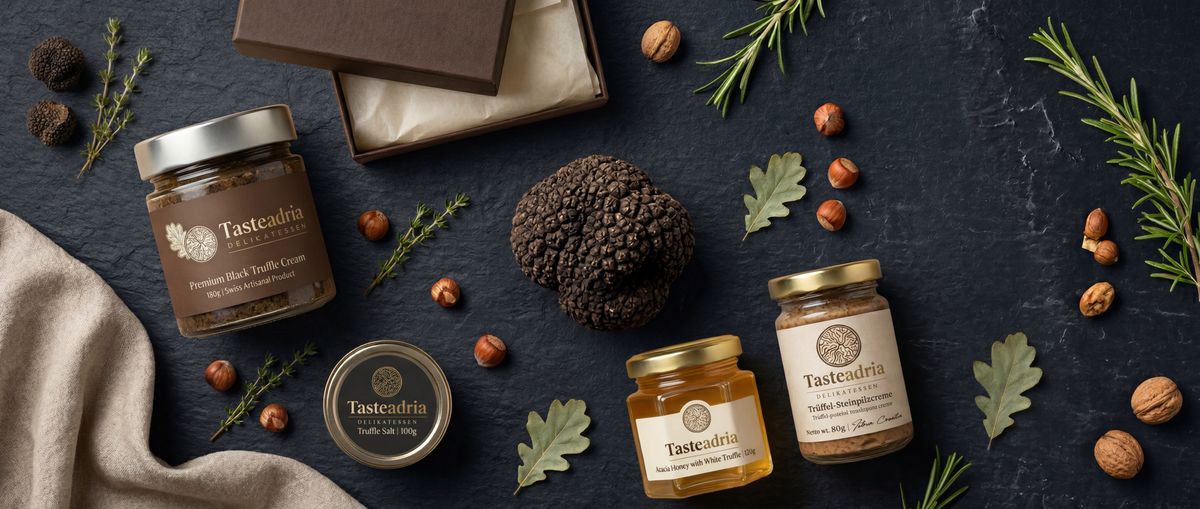 Flat-Lay aller Tasteadria Trüffelprodukte — Trüffel online kaufen in der Schweiz