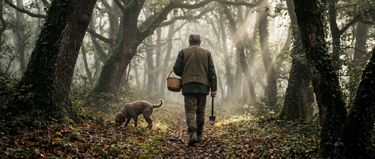 Trüffeljäger und Trüffelhund von hinten im nebligen Wald — auf Trüffelsuche in Istrien